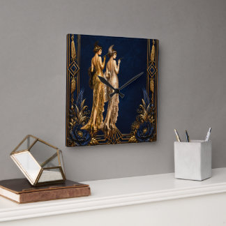 Art Deco Flapper Girls Blau Gold Gatsby Decoupage Quadratische Wanduhr