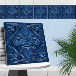 Art Deco Fleur-de-lis - Blauer Marmor Fliese