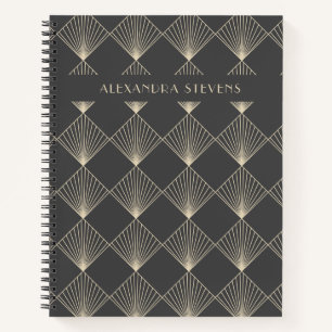Art Deco-Fliesen-Linienkunst in schwarz-gold perso Notizbuch