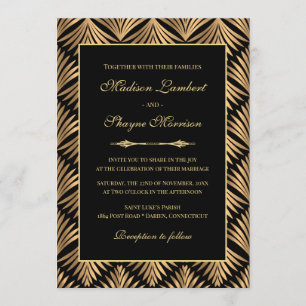 Art Deco Floral Black Gold Gatsby Hochzeit Einladung