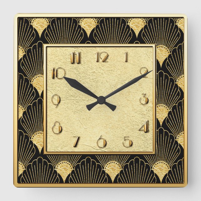 Art Deco Floral Fan Style Quadratische Wanduhr (Vorderseite)