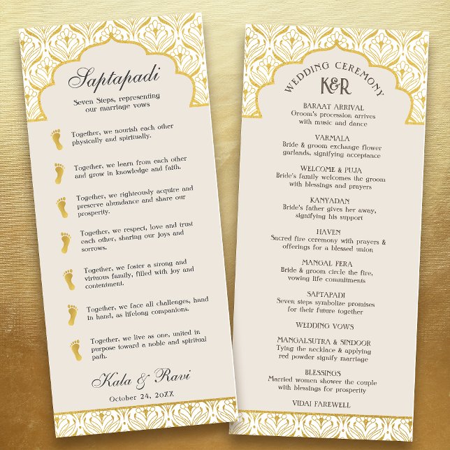 Art Deco Floral Lotus Indian & Hindu Wedding Programm (Beige white art deco indian hindu wedding program card with saptapadi seven steps vows, gold foil)