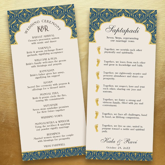 Art Deco Floral Lotus Indian & Hindu Wedding Programm (Navy blue art deco indian hindu wedding program card with saptapadi seven steps vows, gold foil leaf)