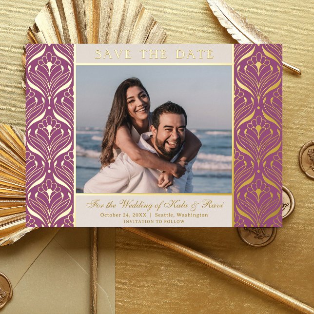 Art Deco floraler Lotus Wedding rettet Gold Folieneinladung (art deco wedding save the date card, indian wedding photo save the date, hindu wedding announcement)