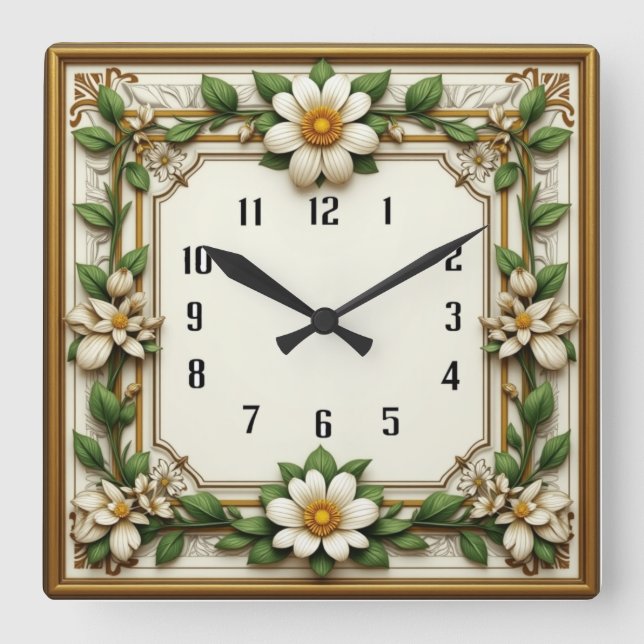 Art Deco Flower Quadratische Wanduhr (Vorderseite)