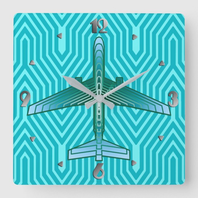 Art Deco Flugzeug, Türkis, Aquamarin und Aqua Quadratische Wanduhr (Vorderseite)