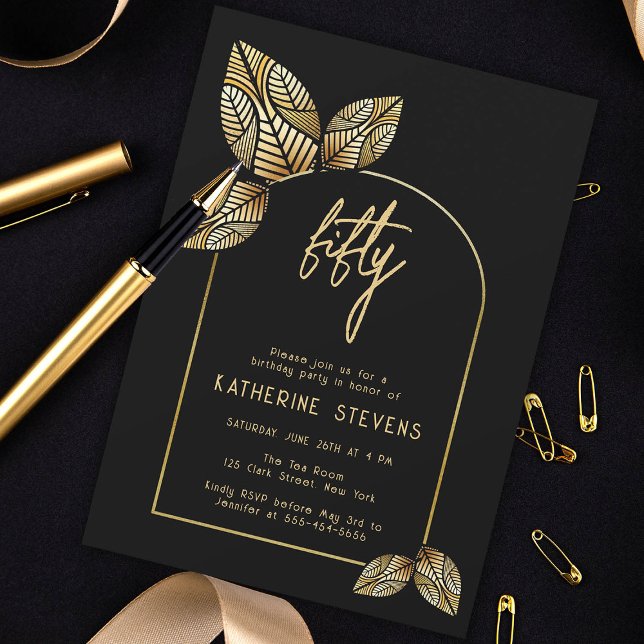Art Deco Foliage Gold Boho Botanische 50. Geburtst Einladung (art deco 50th birthday invitation card diy women botanical gold foliage stylized gatsby roaring 20s )
