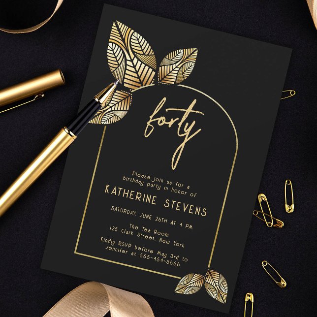 Art Deco Foliage Gold Boho Botanischer 40. Geburts Einladung (art deco gold black botanical leaf 40th birthday invitation card diy women gatsby roaring 20s classy)