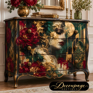Art Deco Frau Burgunder Blumen Dekoupage Seidenpapier