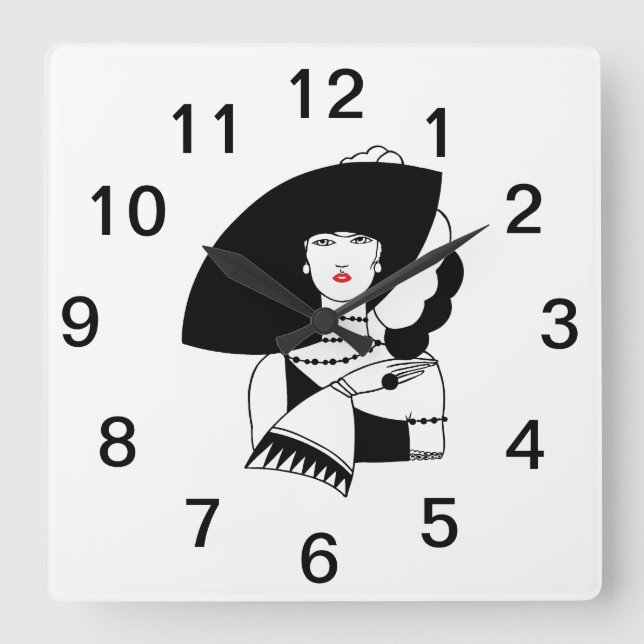 Art Deco Frau in Big Hat Gloves RL Quadratische Wanduhr (Vorderseite)