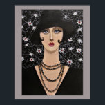 Art Deco Frau Poster<br><div class="desc">Original Acrylmalerei eines stilisierten und wunderschönen Porträts einer Frau aus der Deko-Zeit. Eine ganz elegante Dame in schwarz gekleidet, mit einem schwarzen Hut und einer vielschichtigen Halskette. Der florale Hintergrund verbessert das Portrait.</div>