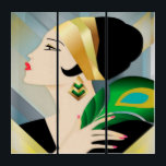 Art Deco Frauen mit Pfauenfeder Triptychon<br><div class="desc">Schöne Frau, die intensiv einer Rede zuhört, oder einer Predigt, oder vielleicht einer Modenschau. Aus ihrer Vintagen modischen Erscheinung und ihrem hochmütigen Ausdruck, denke ich, es ist eine Modenschau. Kannst du nicht einfach sehen, wie sie sich zu ihrer nächsten Haltung wandelt?</div>