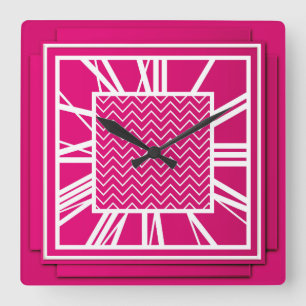 Art Déco, Fuchsienrosa Quadratische Wanduhr