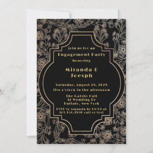 Art Deco Gatsby Black Gold Blume Engagement Party Einladung