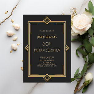 Art Deco Gatsby Black Gold Geburtstag Einladung
