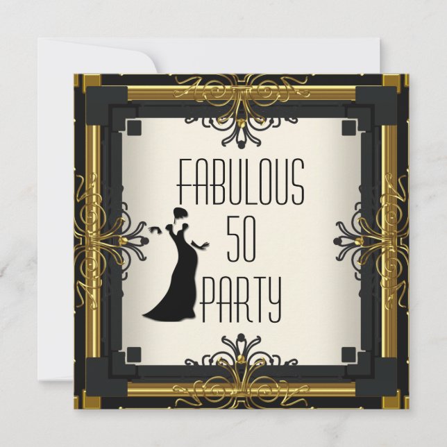 ART DECO Gatsby Fabulous 50 50th Gold Cream Black Einladung (Vorderseite)