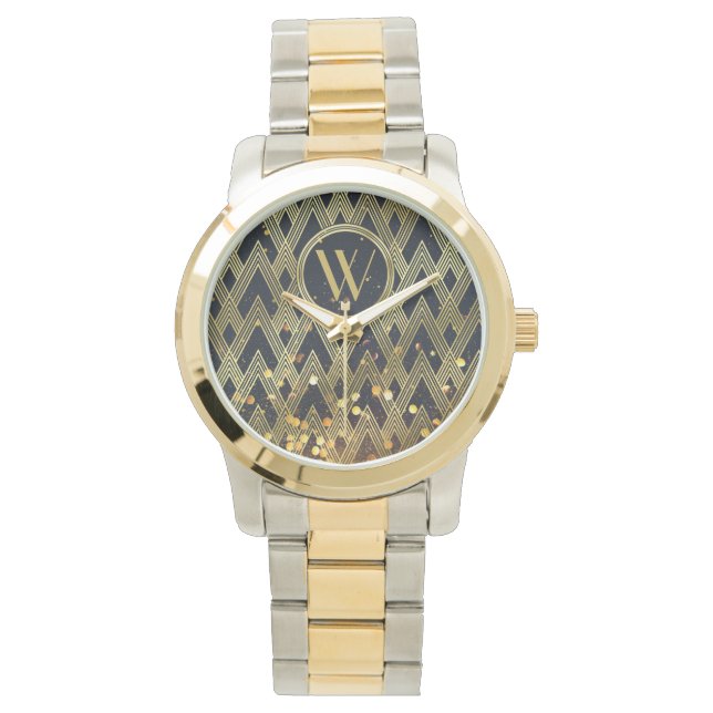 Art Deco Gatsby Glamour Geometrisches Mustermonogr Armbanduhr (Vorderseite)