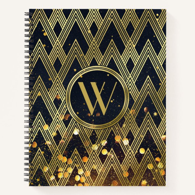 Art Deco Gatsby Glitzer Geometrisches Mustermonogr Notizbuch (Vorderseite)
