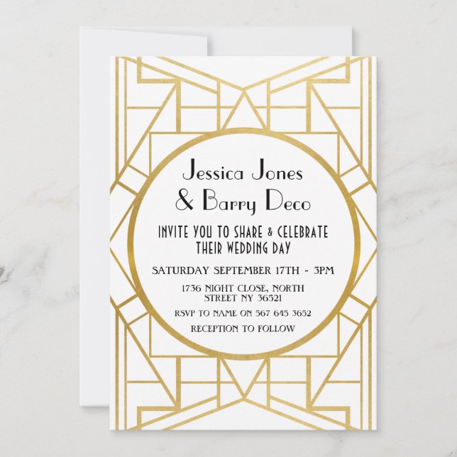 Art-Deco-Gatsby-Gold-20er-Jahre-Hochzeitsveranstal Einladung (Vorderseite)