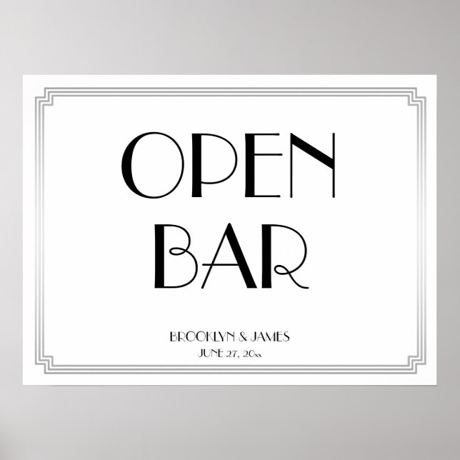 Art Deco Gatsby Silver Wedding Open Bar Sign 24x18 Poster (Vorne)