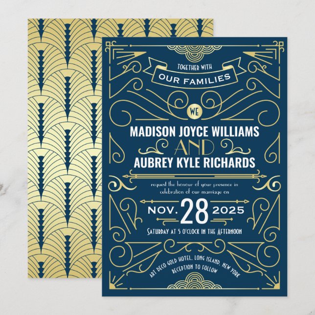 Art Deco Gatsby Wedding Elegantes Gold Dark Blue Einladung (Vorne/Hinten)