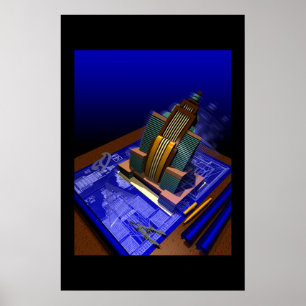 Art-Deco-Gebäude aus Blueprint Poster