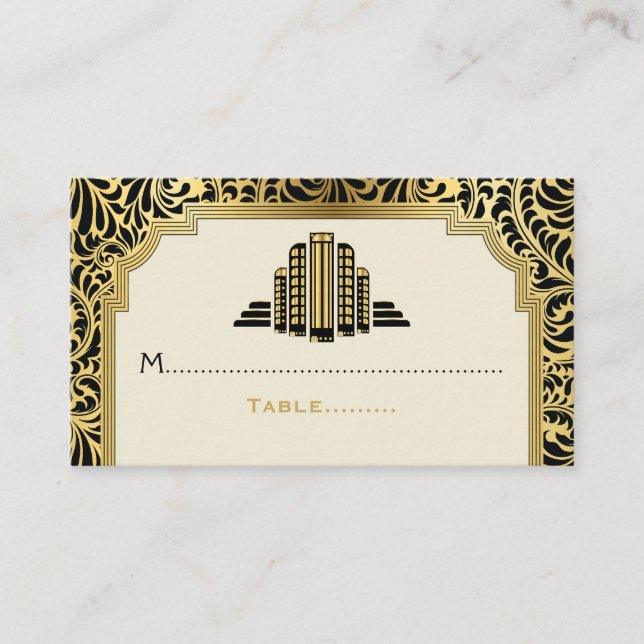 Art Deco Gebäude Schwarz, Gold Hochzeit Platzkarte (Vorderseite)