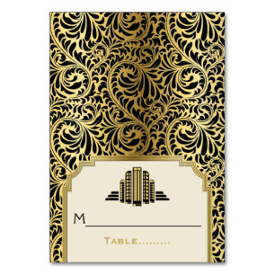 Art Deco Gebäude Schwarz, Gold Hochzeit Platzkarte Tischnummer