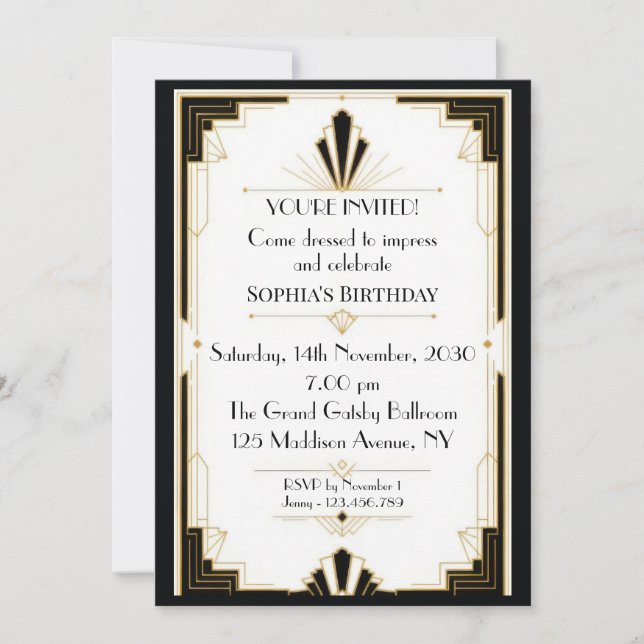 Art Deco Geburtstag Einladung (Vorderseite)