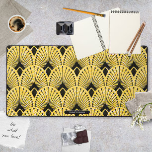 Art Deco Gelb Schwarz Weiß Retro Pfauenmuster Schreibtischunterlage