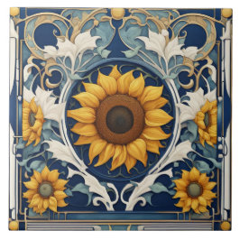 Art Deco Gelbe Sonnenblumen Jugendstil Blau Fliese