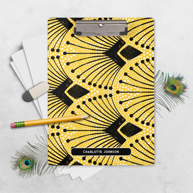 Art Deco Gelbes Vintages Pfauenmuster Klemmbrett (Trendy Art Deco Yellow Black White Peacock Pattern Clipboard ©Susanne Sachers - Sunny Mind 🌞)