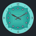 Art Deco Geometric, Aqua und Türkis Blue Große Wanduhr<br><div class="desc">Uhr in sich überlappenden geometrischen Mustern,  bestehend aus Gradientenstreifen,  von Aqua bis tieftürkis / aquamarin,  auf einem leichten aquatischen Hintergrund,  mit 3-D-Look diamantförmigen Akzenten zu den Stunden</div>