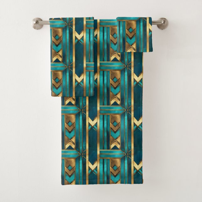 Art Deco Geometric Arrows, Gold and Turquoise Badhandtuch Set (Insitu)