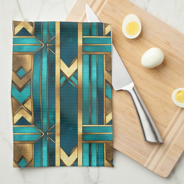 Art Deco Geometric Arrows, Gold and Turquoise Geschirrtuch (Viertel Falte)