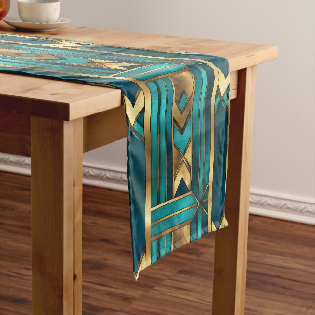 Art Deco Geometric Arrows, Gold and Turquoise Kurzer Tischläufer (Beispiel)