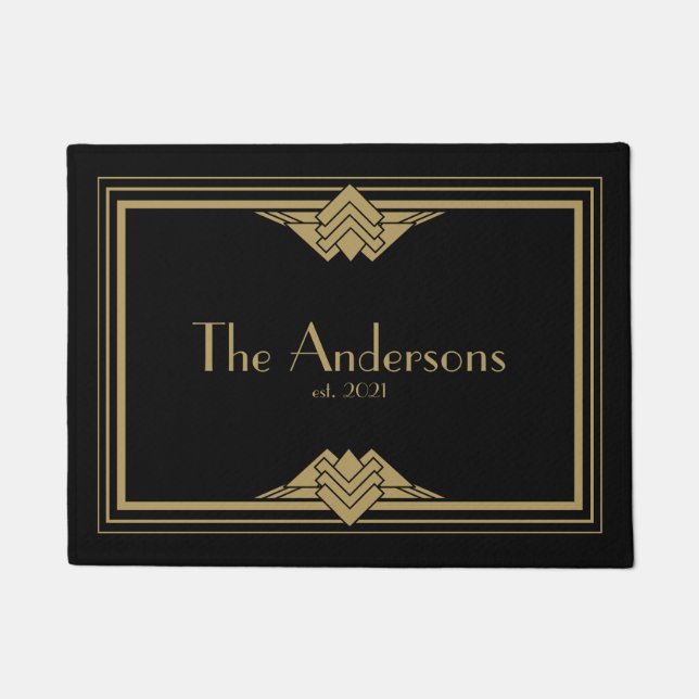 Art Deco Geometric Black Gold Family Name Doormat Fußmatte (Vorderseite)