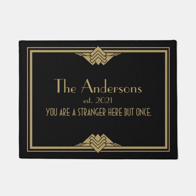 Art Deco Geometric Black Gold Family Name Doormat Fußmatte (Vorderseite)