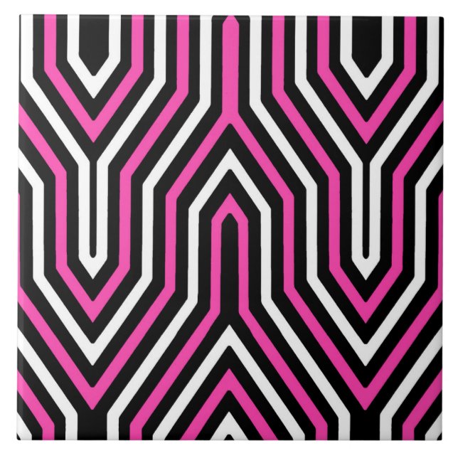 Art Deco Geometric - Fuchsia rosa, schwarz und wei Fliese (Vorderseite)