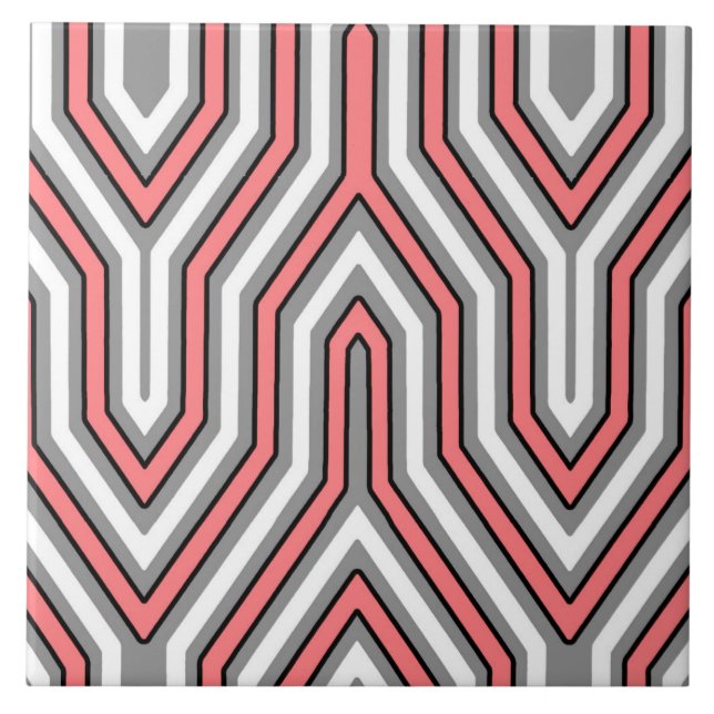 Art Deco Geometric - Korallen, grau und weiß Fliese (Vorderseite)