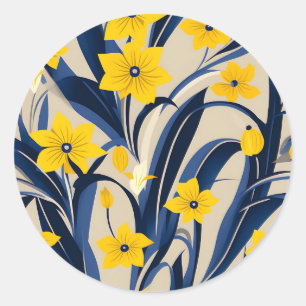 Art Deco Geometric Muster mit Navy Blue Yellow Runder Aufkleber