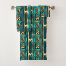 Art Deco Geometrische Pfeile, Gold und Türkis Badhandtuch Set