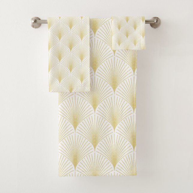 Art Deco Geometrisches Muster in Gold und Weiß Badhandtuch Set (Insitu)
