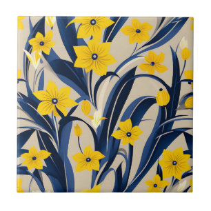 Art Deco geometrisches Muster mit Navy Blau Gelb Fliese