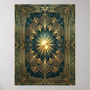 Art Deco Ginkgo Blatt Sonnenstrahl Poster   Gold T