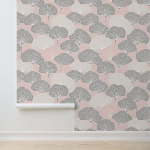 Art Deco Ginkgo Floral rosa Grau weiß Botanisch  Tapete