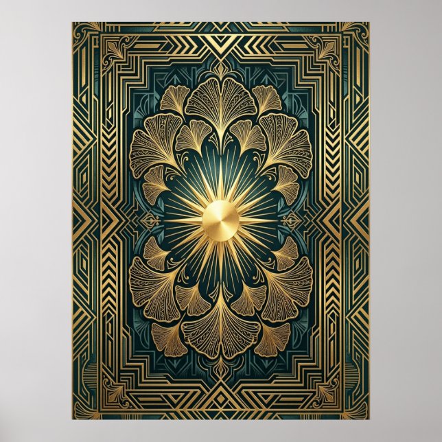 Art Deco Ginkgo Leaf Sunburst Poster | Gold Teal  (Vorne)