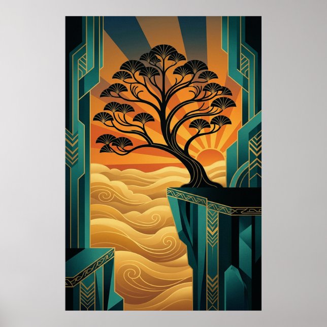 Art Deco Ginkgo Tree Ocean Cliff Gold Teal Poster (Vorne)