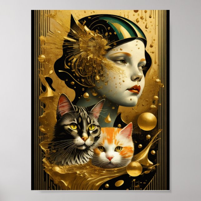 Art Deco Girl and cats Poster (Vorne)