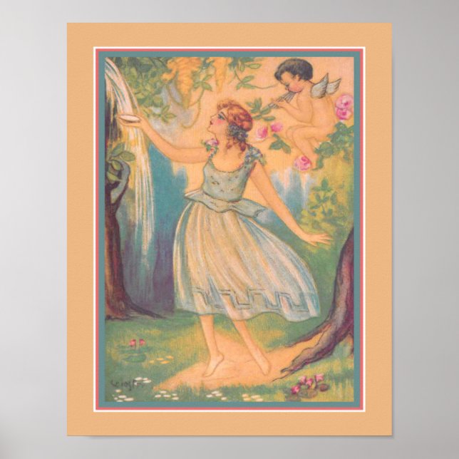 Art Deco "Girl & Cupid at Waterfall" Poster (Vorne)